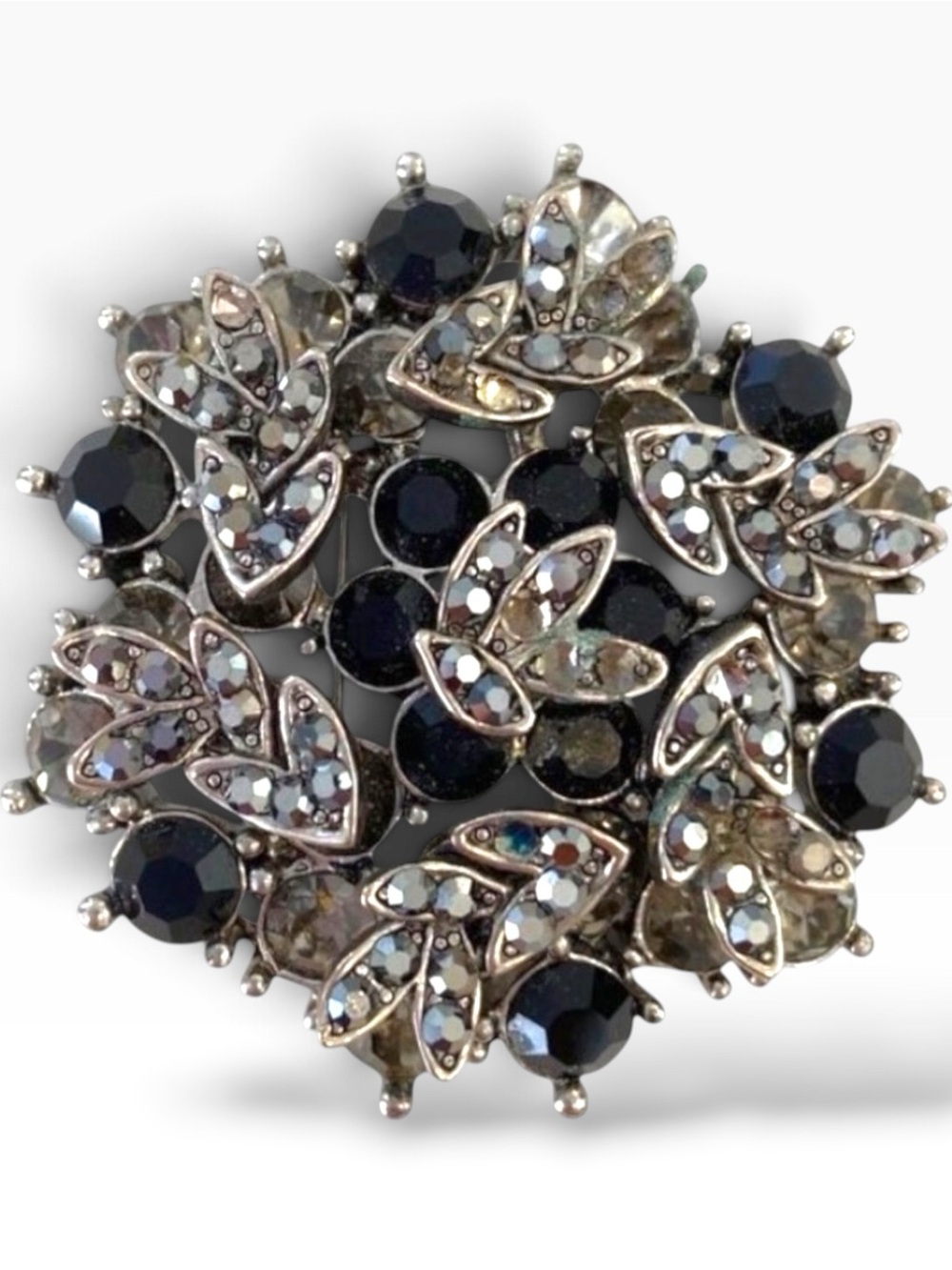 Vintage Black Clear Rhinestone Cluster Brooch Silver Tone Starburst Pin Deco